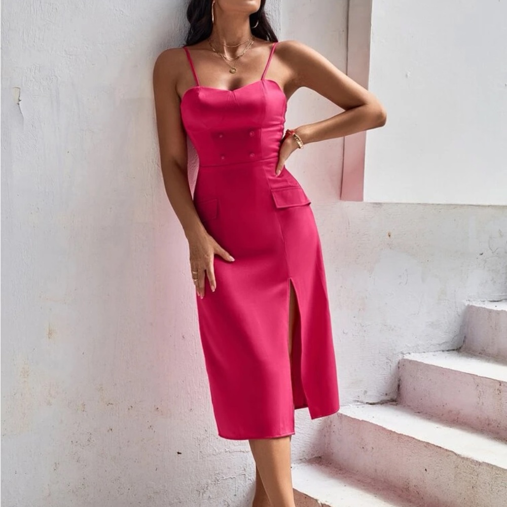 Shein bustier satin Double Breasted Split Thigh midi Dress xs pink